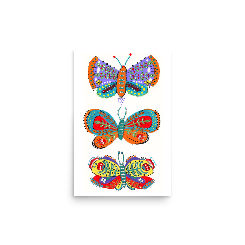Folk Art Style Butterfly Trio Illustration Art Print - Image 2