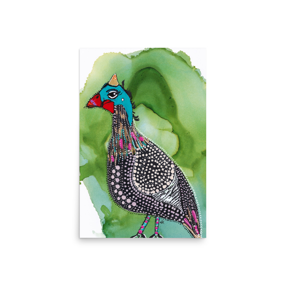 Fiesta Guinea Fowl Hen Bird Green Background Art Print - Image 3