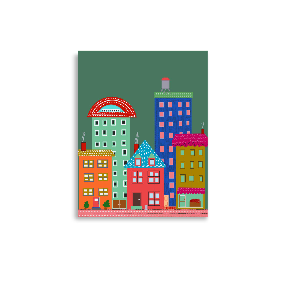 Green Cityscape Folk Style Illustration Urban Evening Art Print - Image 3