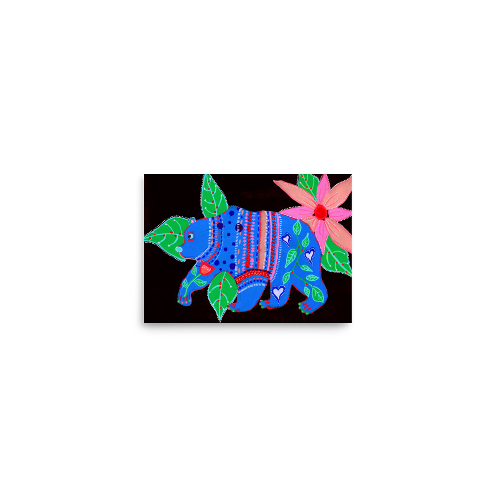 Blue folk Art Bear Art Print - Image 3