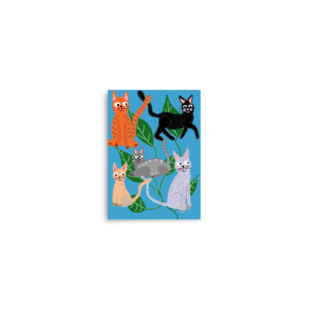 Cats and Leaves Blue Art Print - Image 2