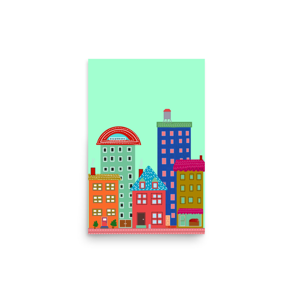 Pistachio Green Cityscape Folk Style Illustration Urban Afternoon Art Print - Image 2