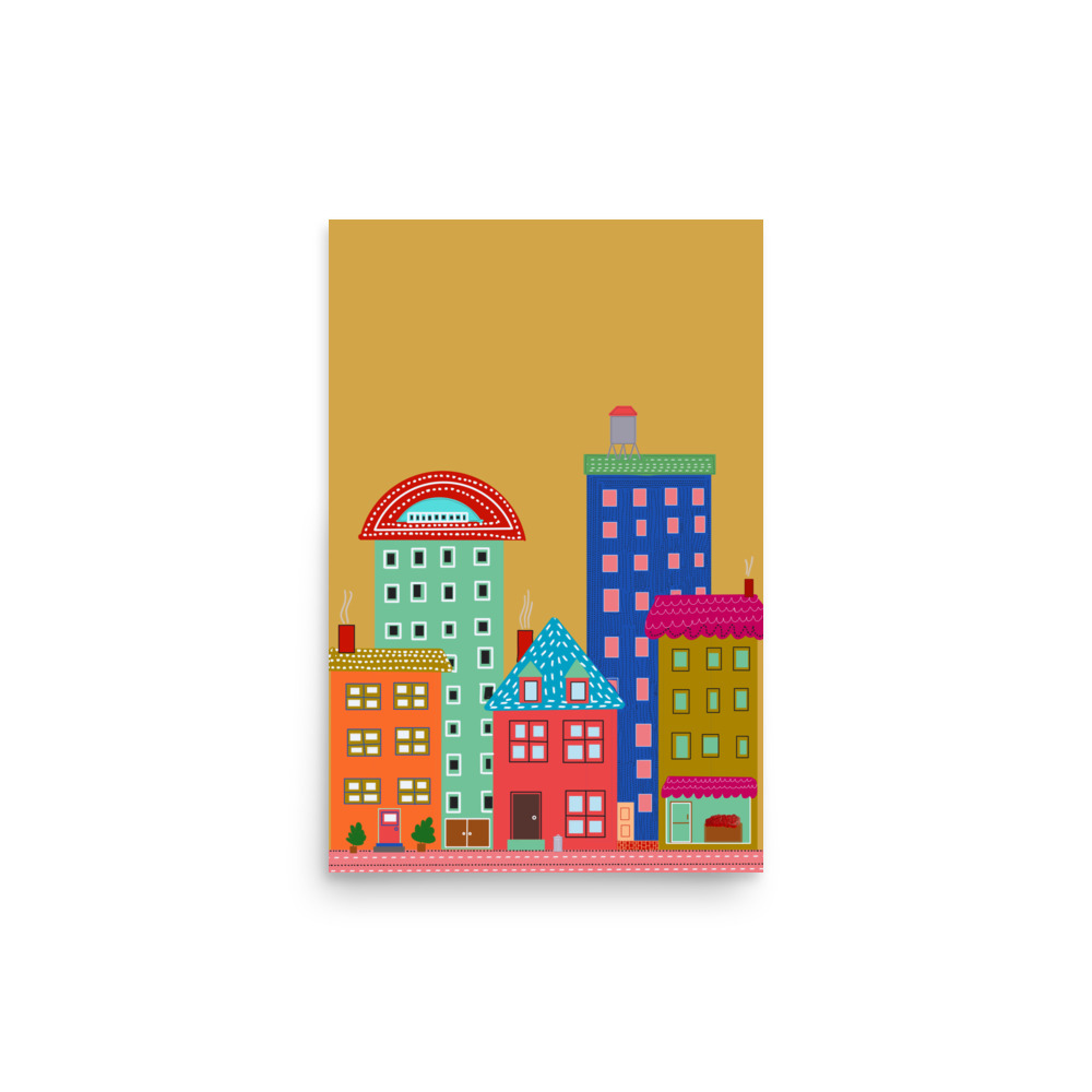 Yellow Cityscape Folk Style Illustration Urban Evening Art Print - Image 2