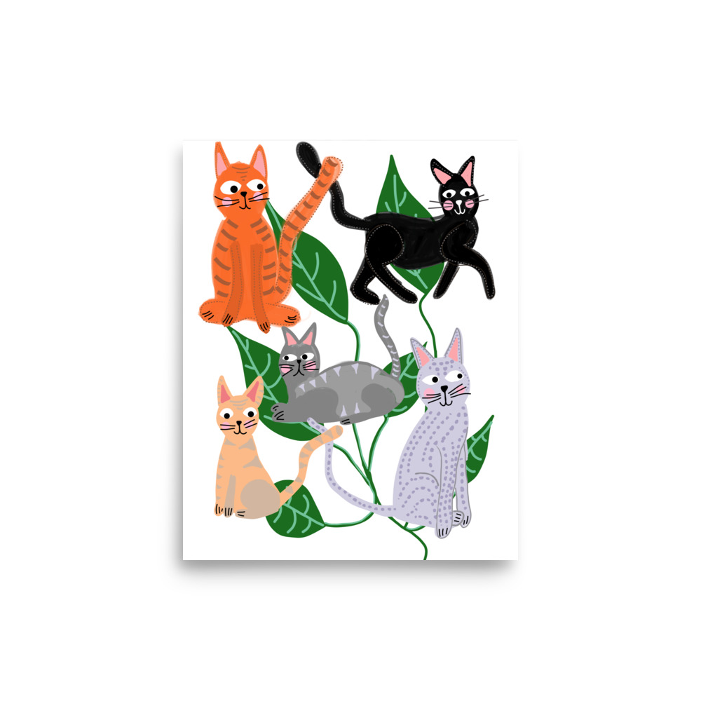 Cats and Leaves White Art Print - Image 3
