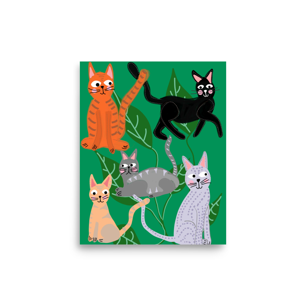 Cats and Leaves Green Art Print - Image 3