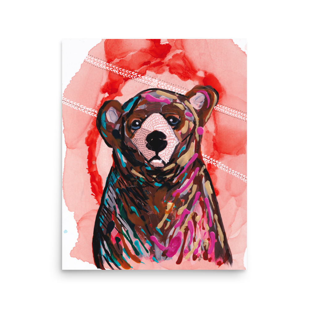 Bear wildlife Portrait, Tired Impressionism painting, Art Print with Orange Background - Image 2
