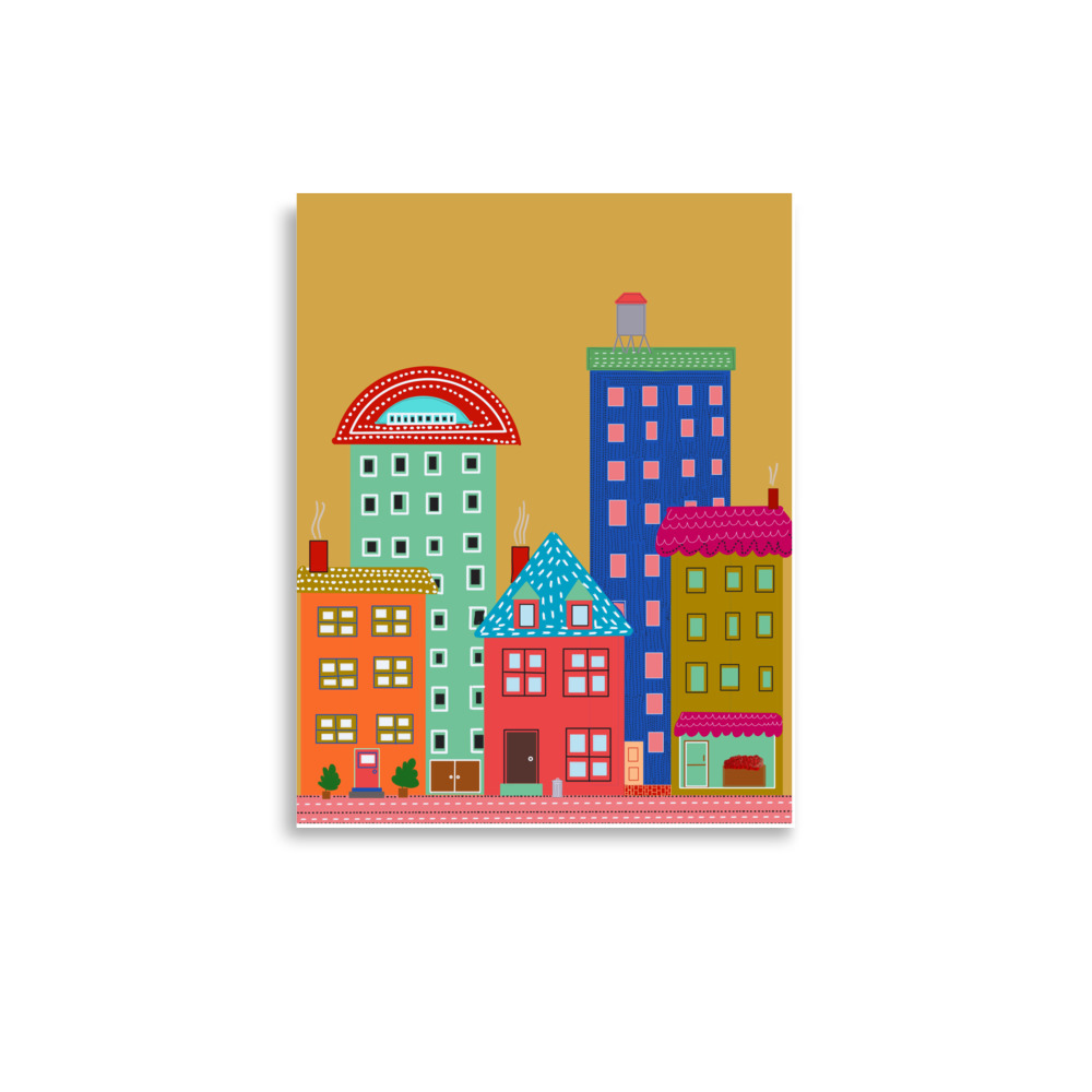 Yellow Cityscape Folk Style Illustration Urban Evening Art Print - Image 3
