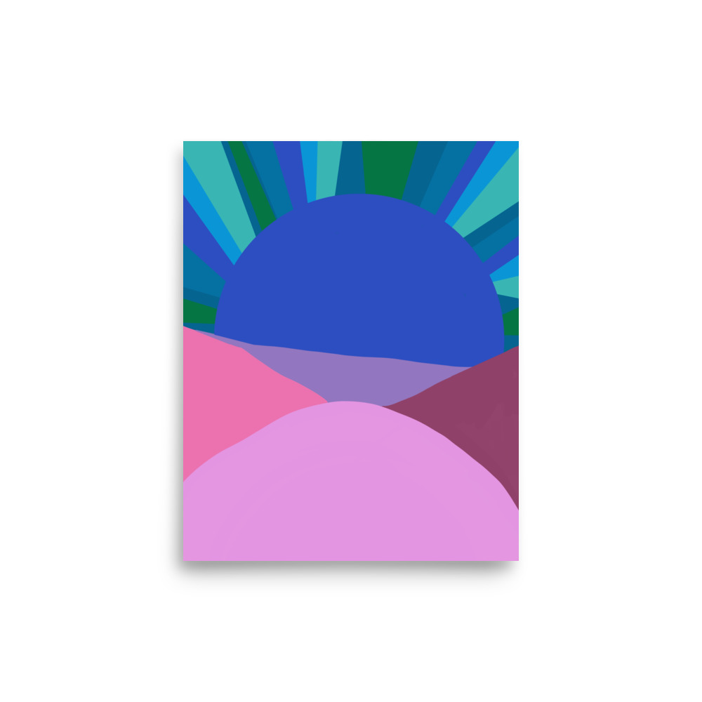 Country Sunset Illustration Retro Art Print Blue and Lavender - Image 3