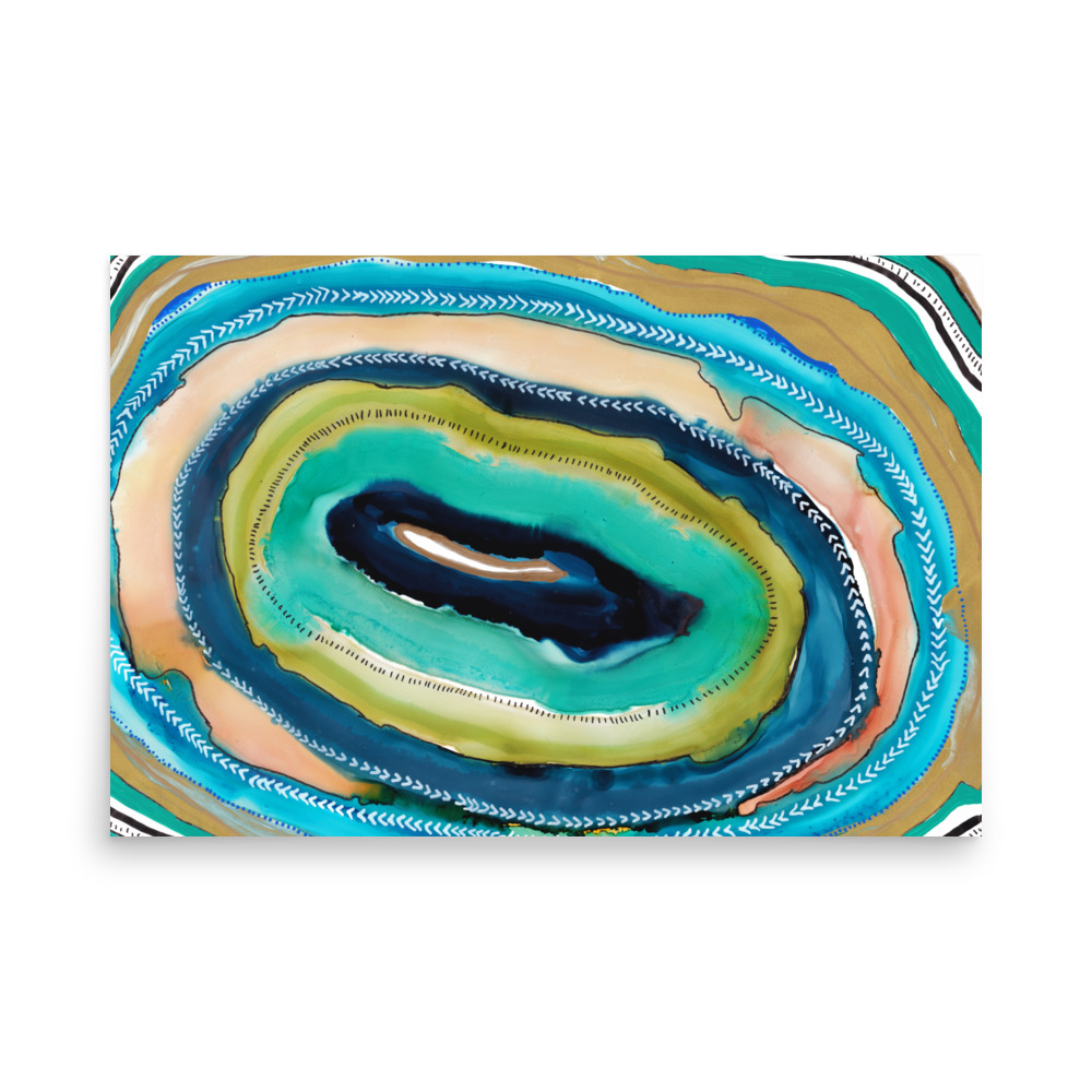 Agate Slice Geode Abstract Art Print Blue Green Gold - Image 2
