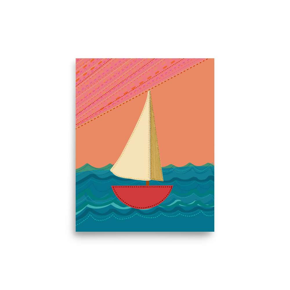 Sailboat Folk Illustration Orange Sunset Art Print - Image 3