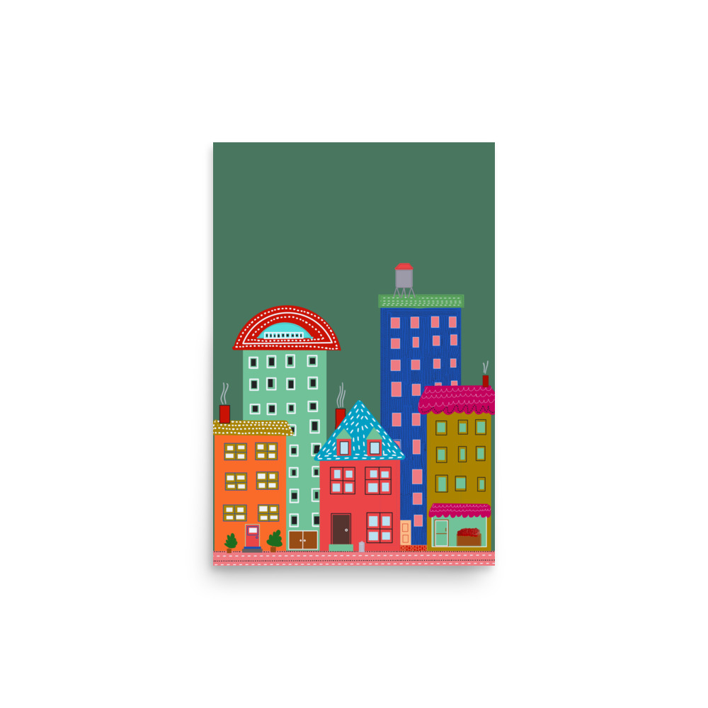 Green Cityscape Folk Style Illustration Urban Evening Art Print - Image 2