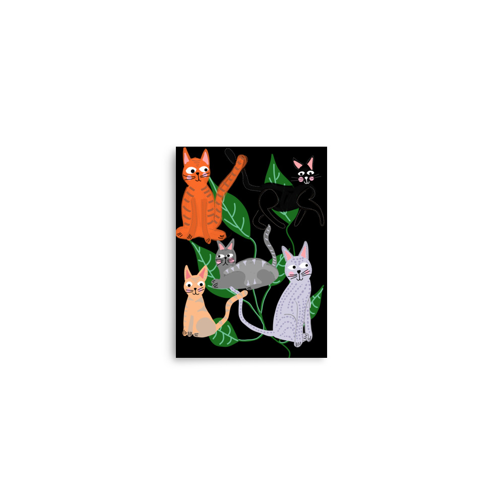 Cats and Leaves Black Art Print - Image 2