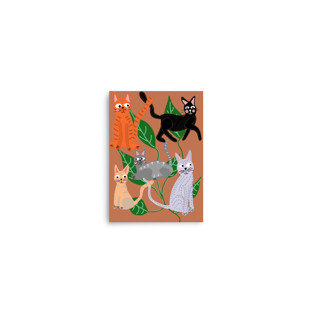 Cats and Leaves Brown Art Print - Image 2
