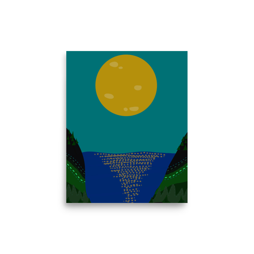 Full Moon Lake Shore Forest Turquoise Blue Illustration Art Print - Image 3