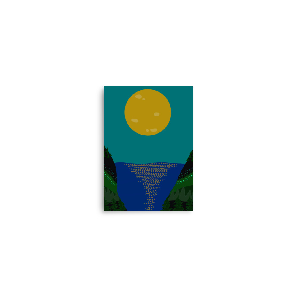 Full Moon Lake Shore Forest Turquoise Blue Illustration Art Print - Image 2